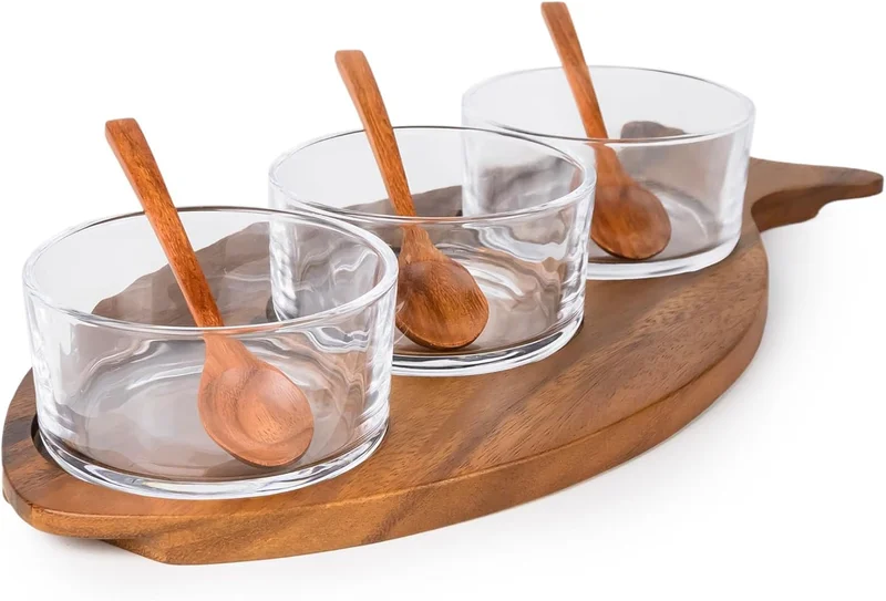 بيلي طقم توابل خشبي أكاسيا بتصميم سمكة بيلي - يتضمن 3 أوعية زجاجية و 3 ملاعق خشبية، صينية تقديم أنيقة من خشب الأكاسيا للصلصات والتوابل والمقبلات